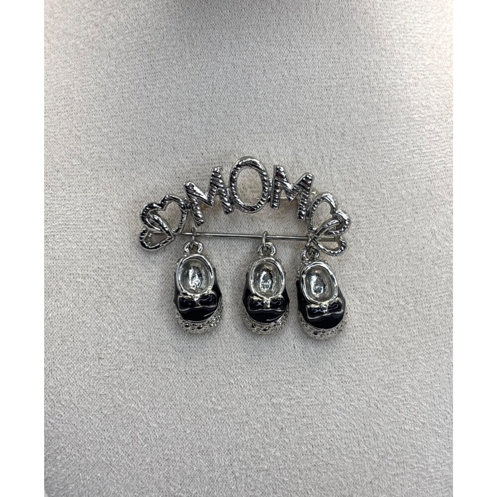 MOM Silver Tone Heart Silver Tone Baby Shoe Brooch Pin Black Enamel Accents